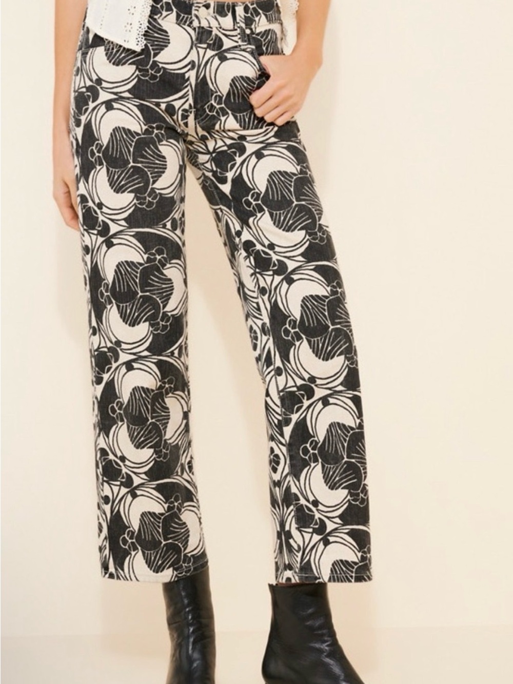 MOTHER Black & White Floral Wide-Leg Pants